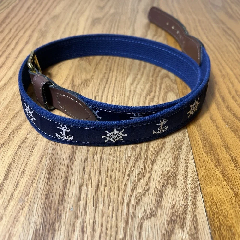 Men's Navy Blue Nautical Anchor Wheel Belt size 38 Preppy Cruise Brown Leather